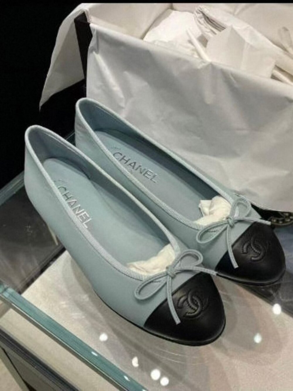 CHANEL Blue & Black Cap Toe Ballet Flats – with Box - Picture 1 of 5